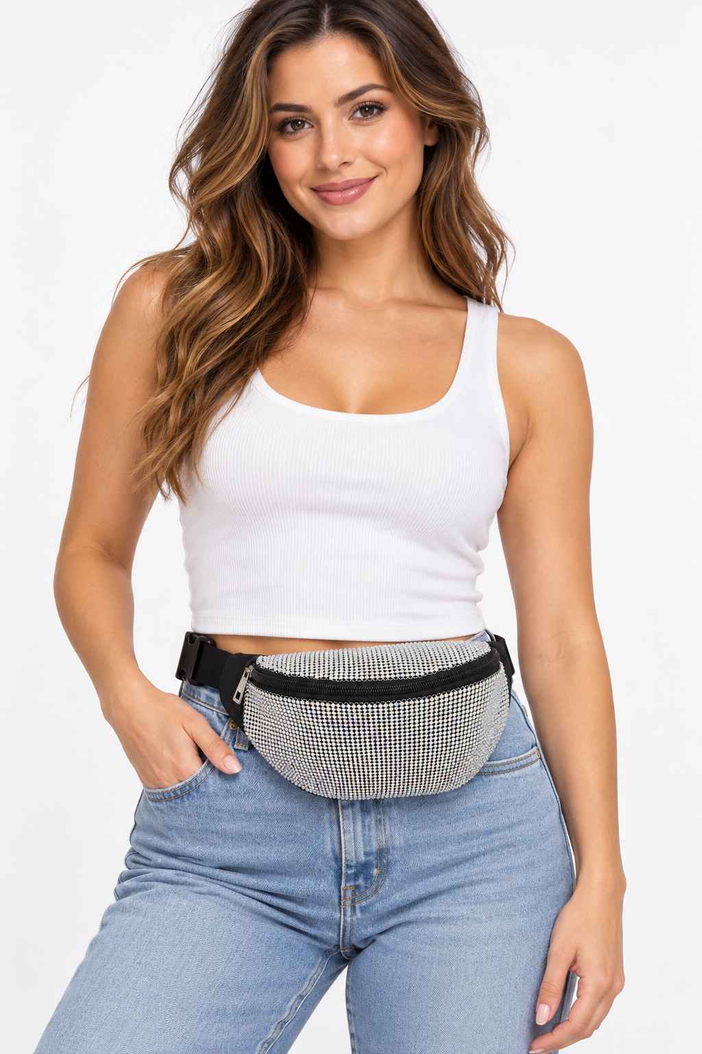 Model carrying Rhinestone Waist Bag – Iridescent White | BG610 WHI-AB