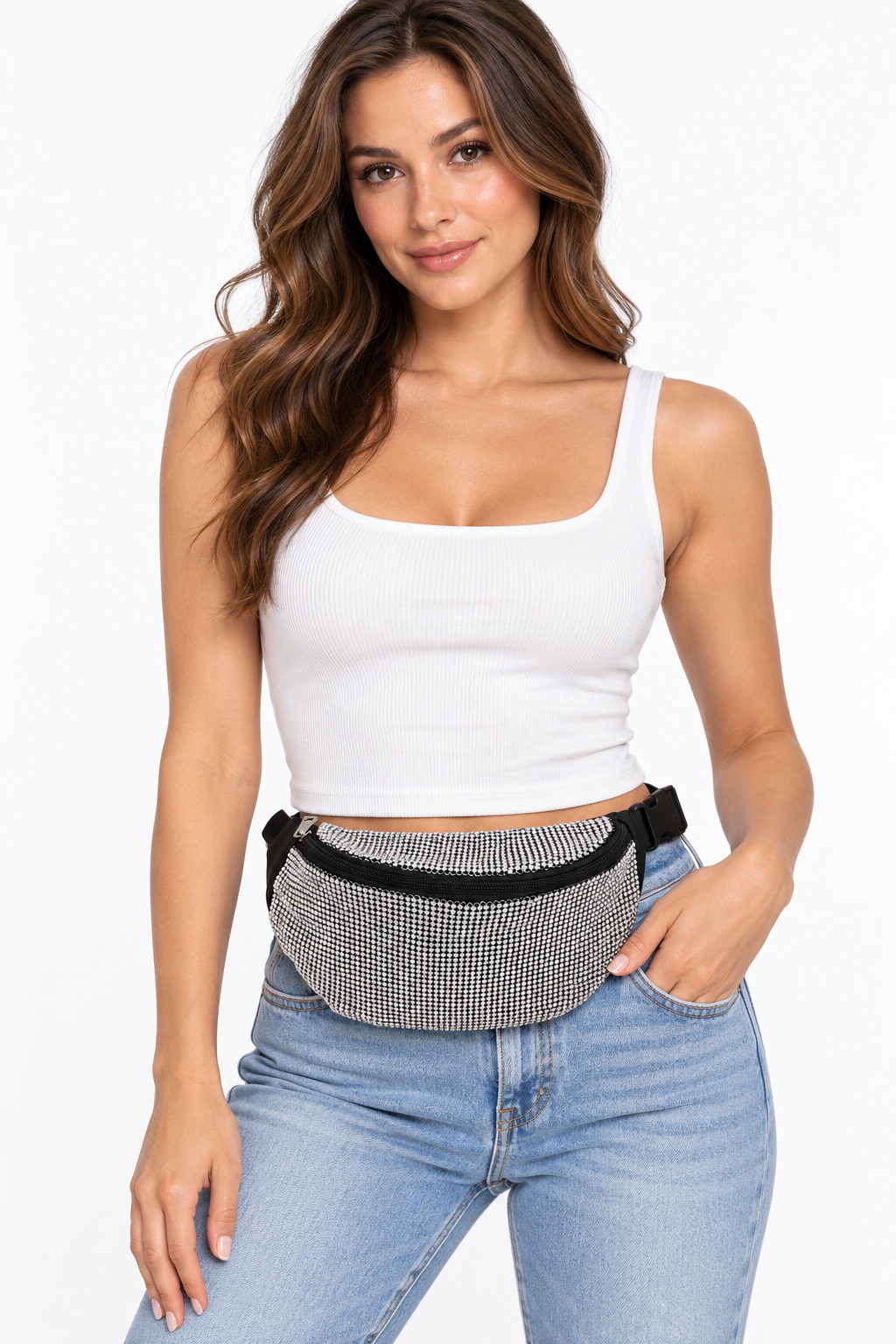 Model carrying Rhinestone Waist Bag | BG610