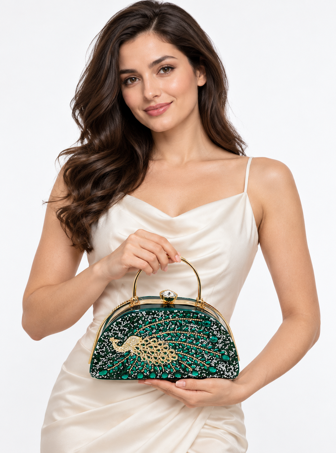 Model carrying Peacock Jeweled Top Handle Bag – Green | BG803 GRE