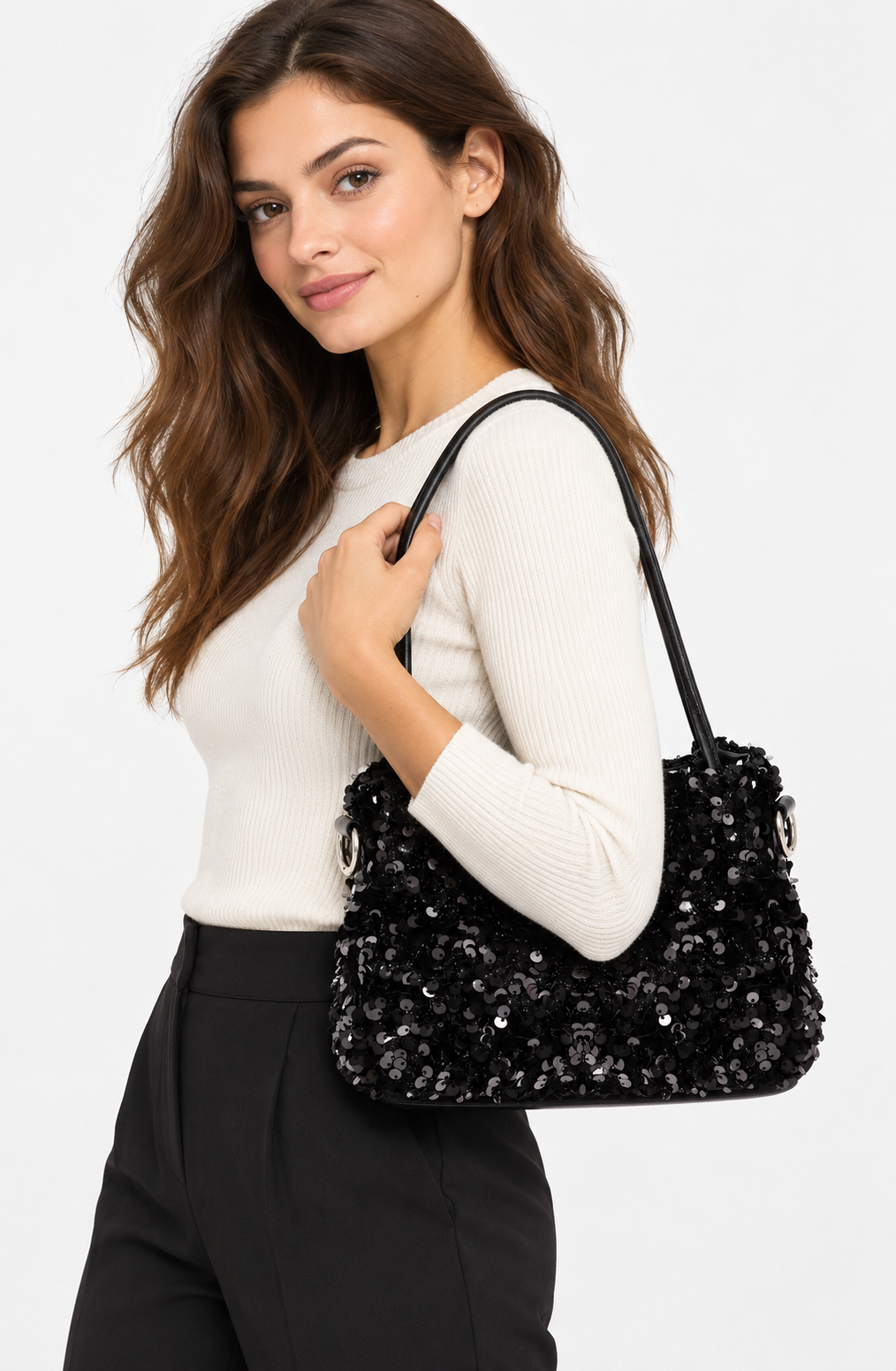 Model carrying Sequin Shoulder Bag – Black | BG804 BLA