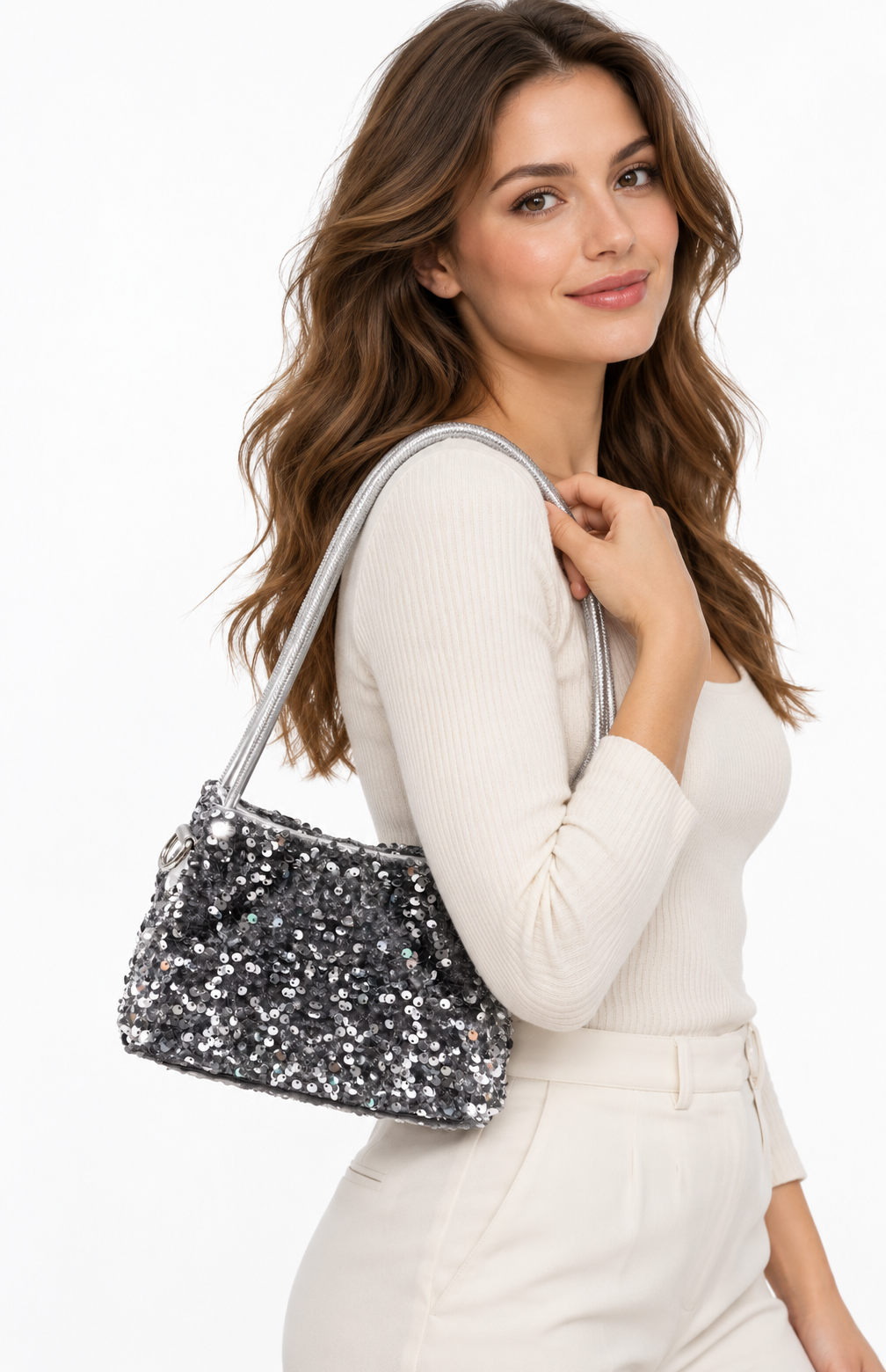 Model carrying Sequin Shoulder Bag – Silver | BG804 SIL