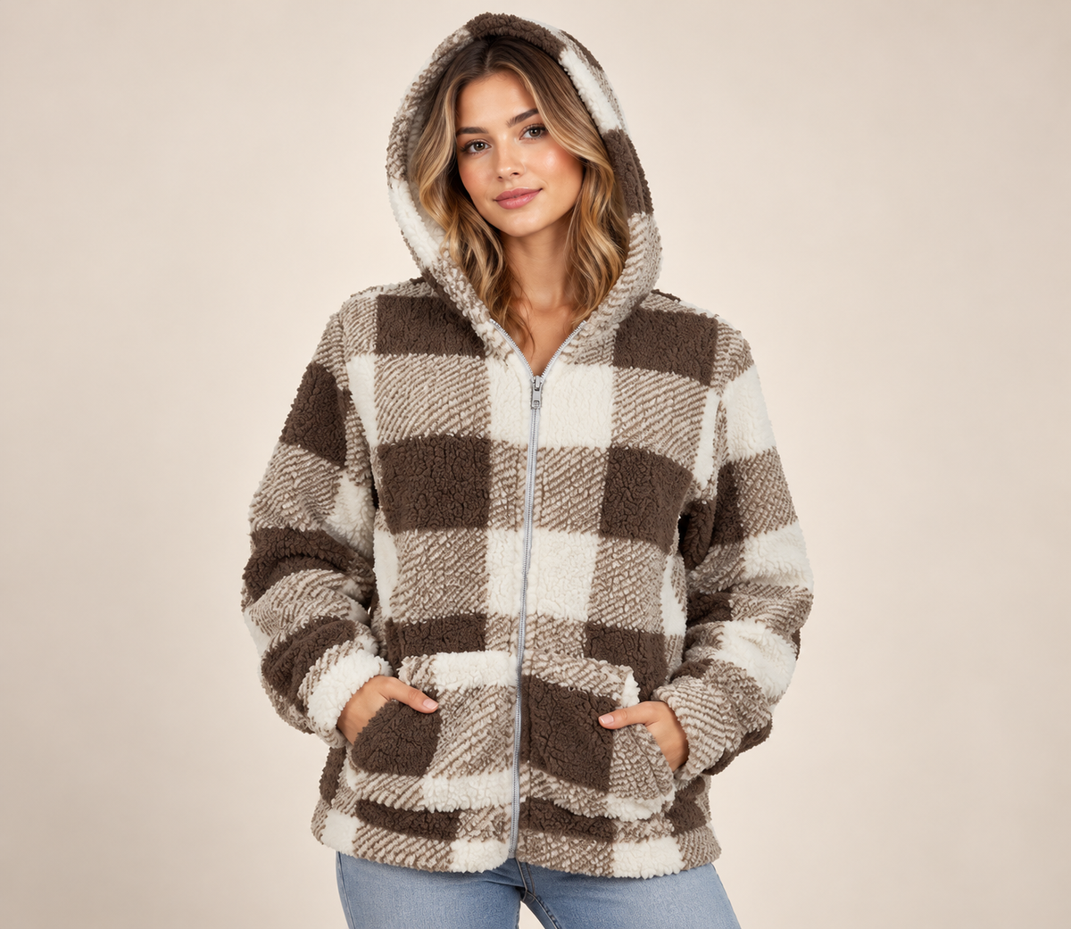 Model wearing the brown and ivory buffalo-plaid jacket