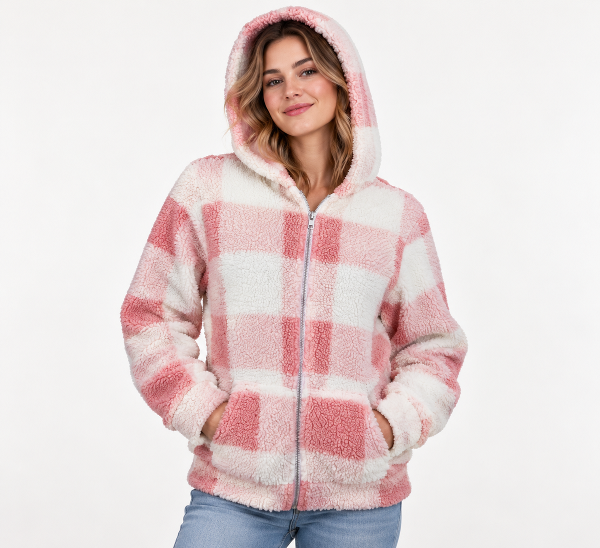 Model wearing the pink and white buffalo-plaid jacket