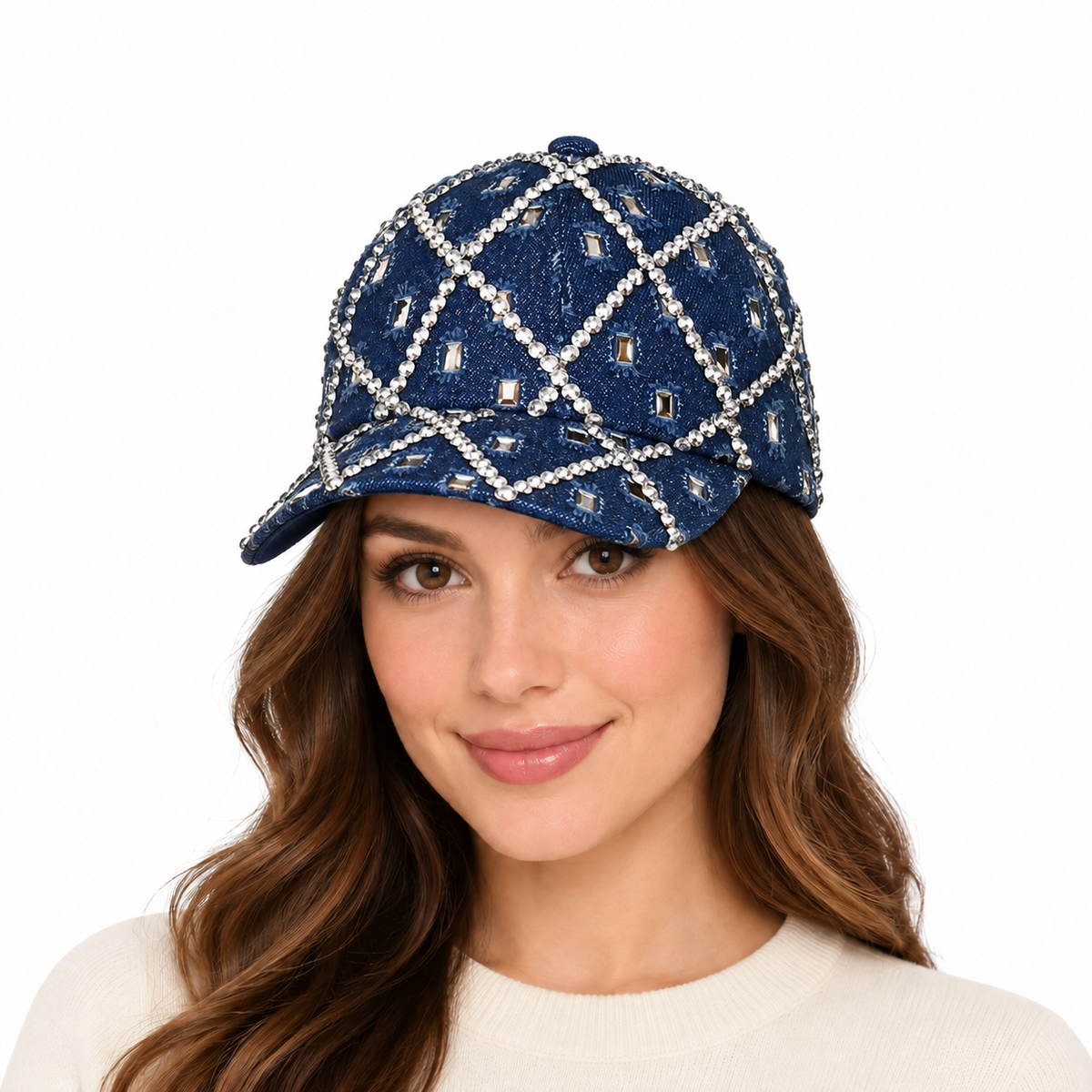Model wearing the dark denim rhinestone lattice baseball cap with a naturally fitted crown and curved bill