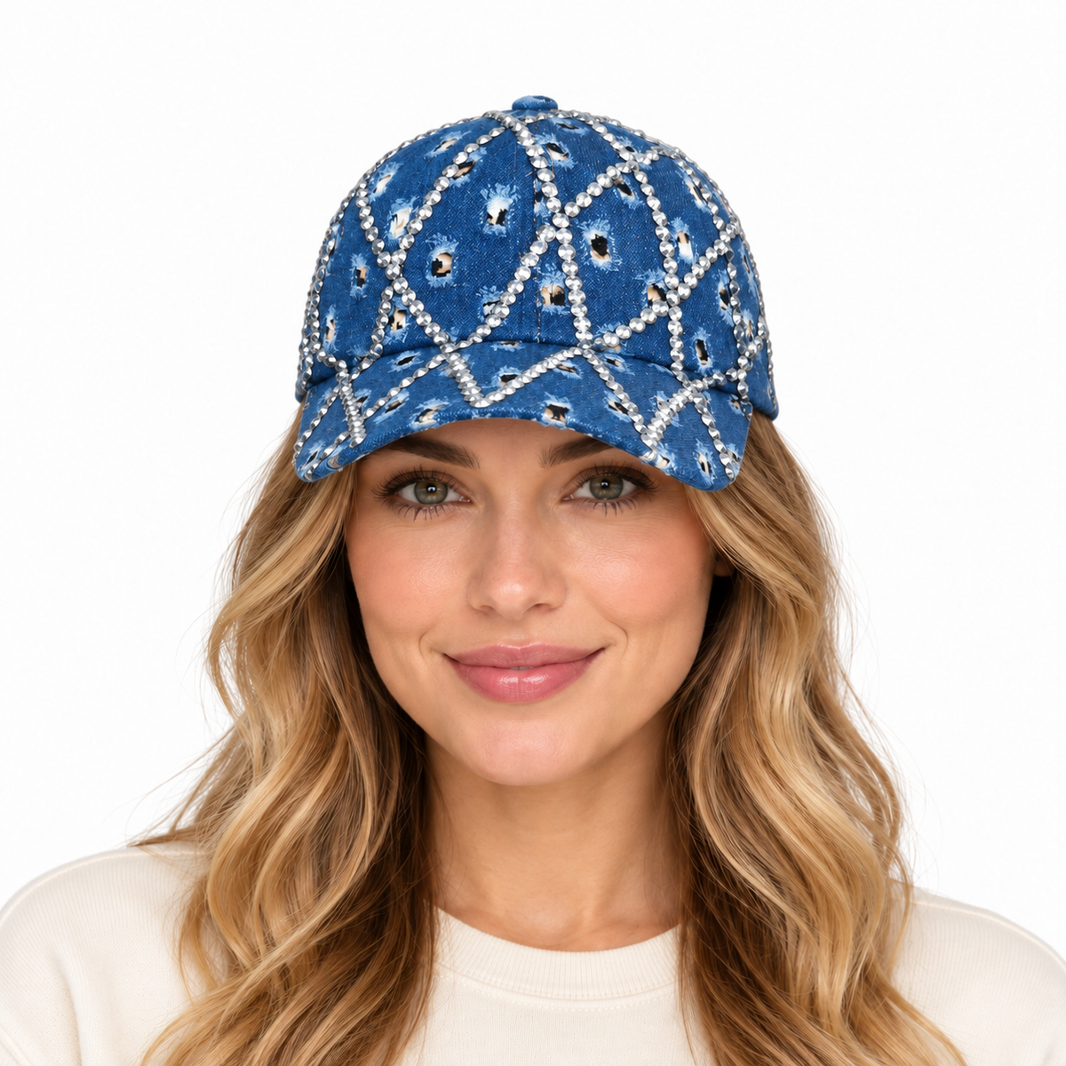 Model wearing the denim rhinestone lattice baseball cap with a naturally fitted crown and curved bill