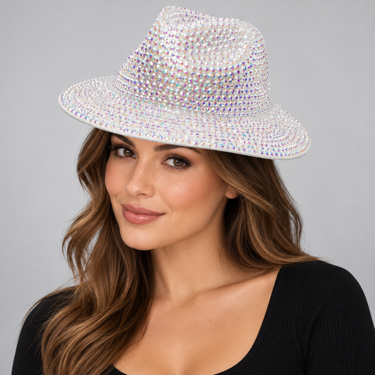 Model wearing the CA054 ab iridescent rhinestone fedora