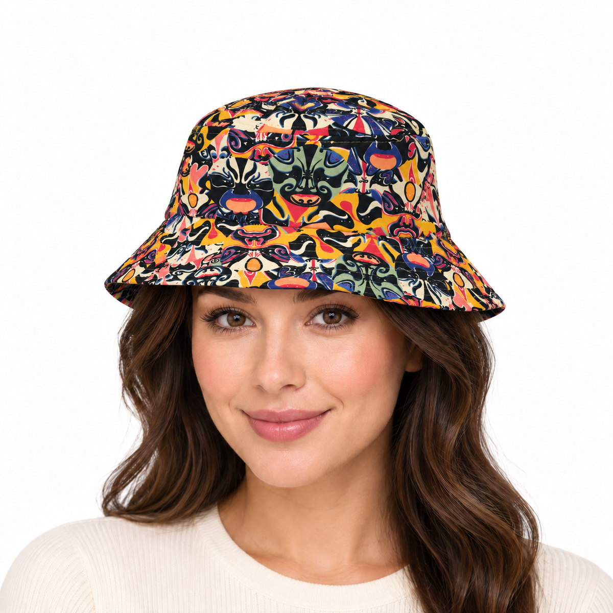 Model wearing Kabuki Print Bucket Hat CA064 with natural fit