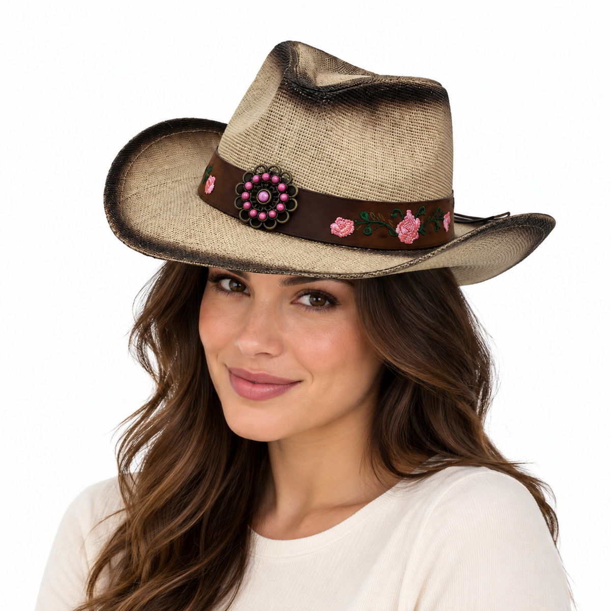 Model wearing beige HA918 cowboy hat with pink floral hatband