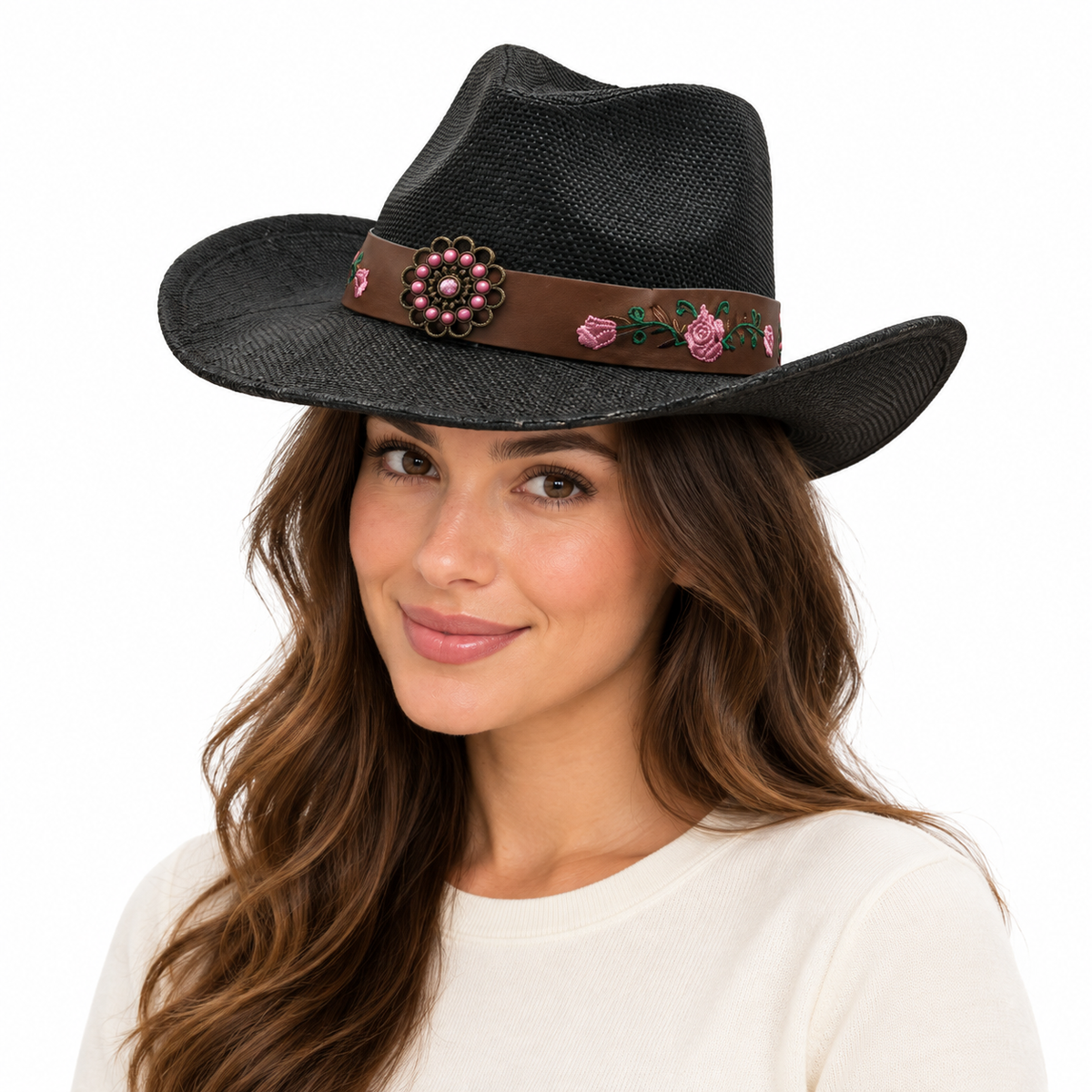 Model wearing black HA918 cowboy hat with pink floral hatband