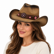 Model wearing khaki HA918 cowboy hat with pink floral hatband
