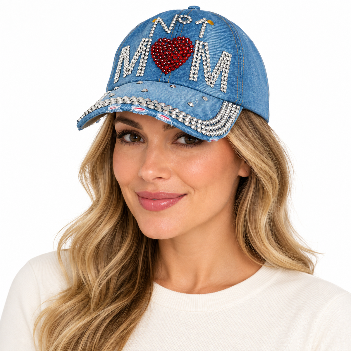Model wearing #1 Mom Cap