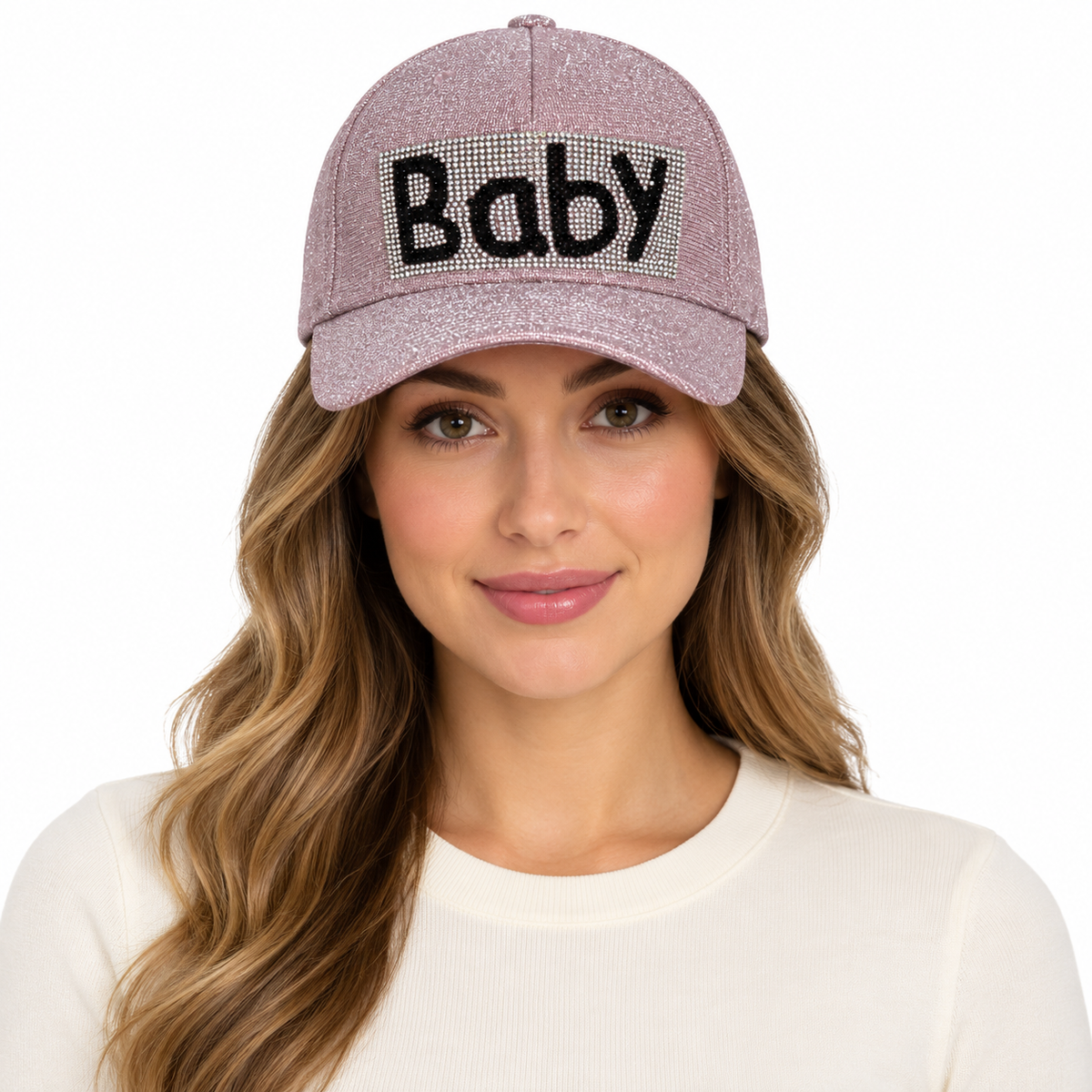 Model wearing Baseball Cap: CA010 "Baby" in Light Pink