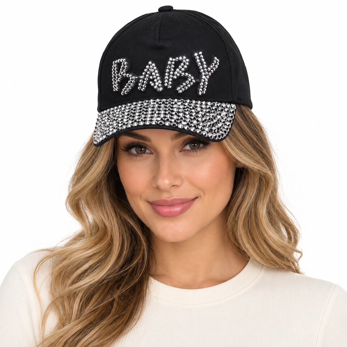 Model wearing Denim Baseball Cap: CA003 "Baby" Baseball Cap in Black