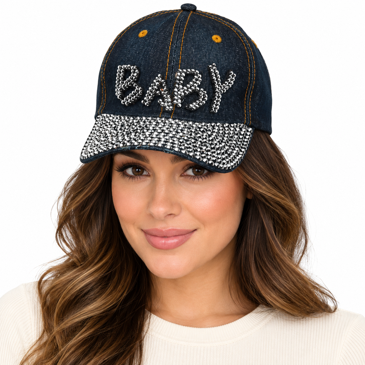 Model wearing Denim Baseball Cap: CA003 "Baby" Baseball Cap In Black Denim