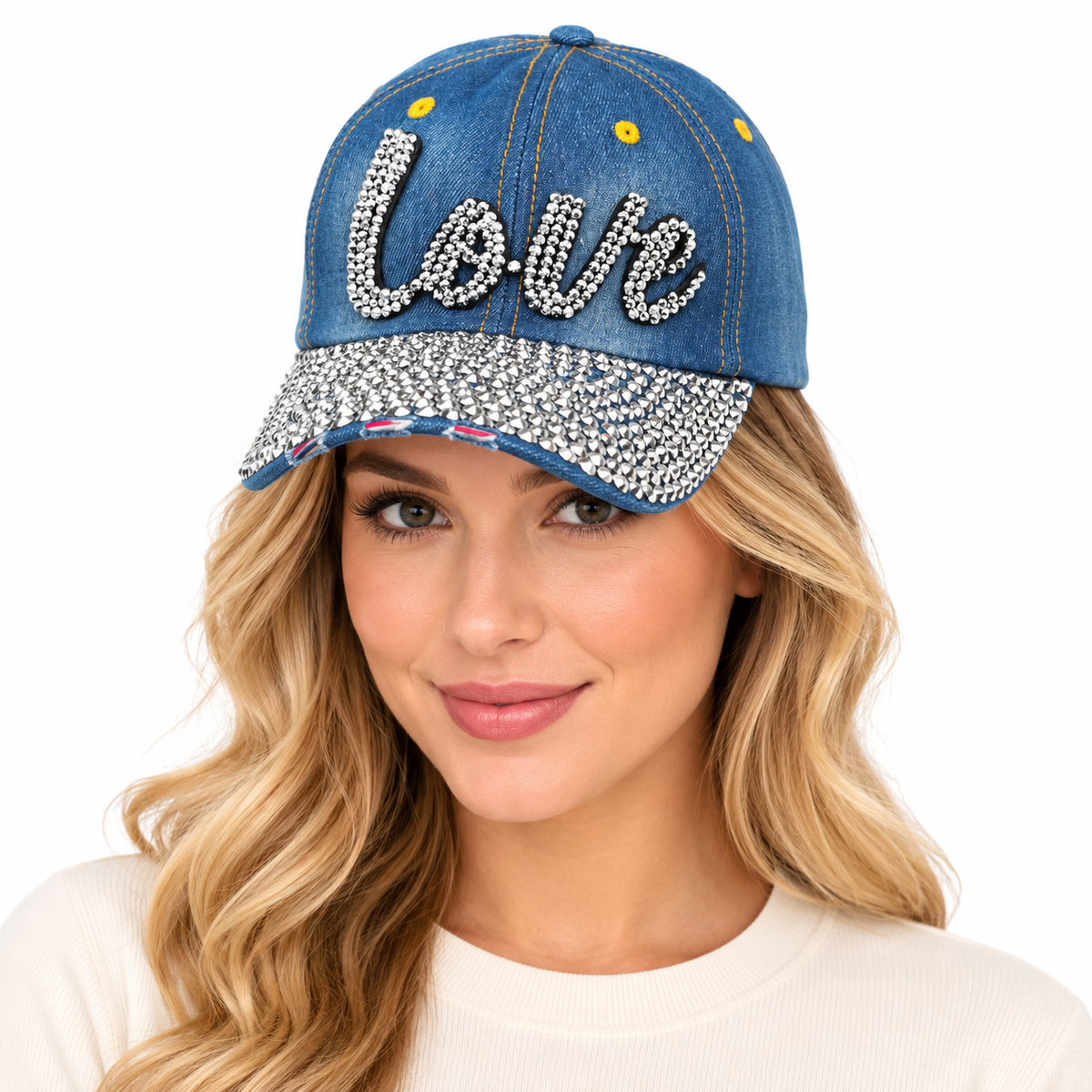 Model wearing Denim Baseball Cap: CA004 "Love" Baseball Cap