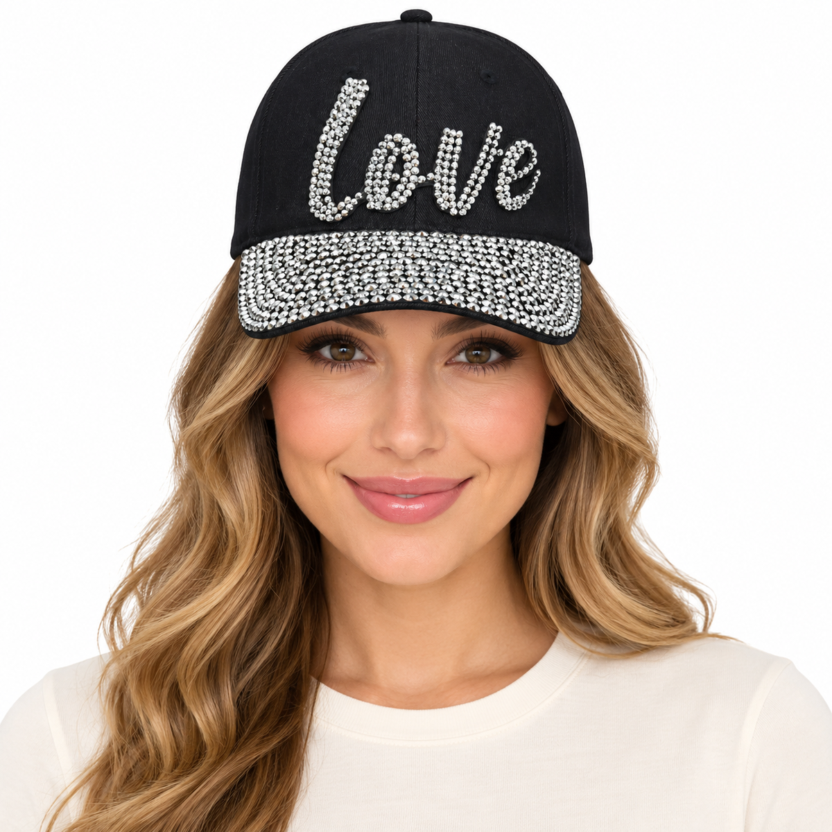 Model wearing Denim Baseball Cap: CA004 "Love" Baseball Cap In Black Denim