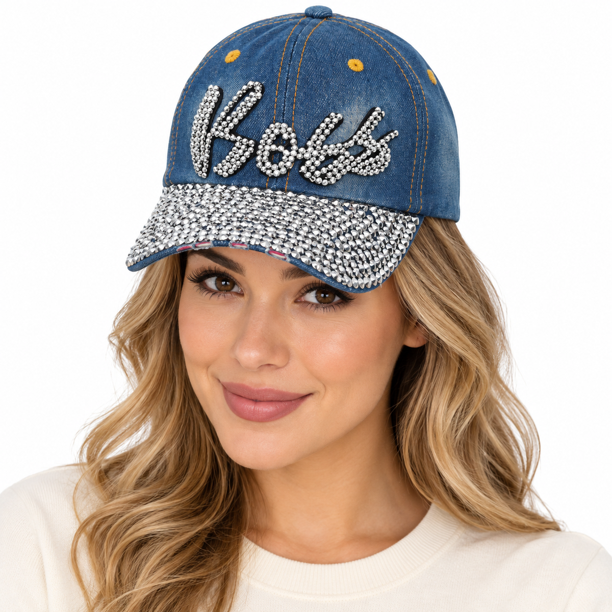 Model wearing Denim Baseball Cap: CA005 "Boss" Baseball Cap