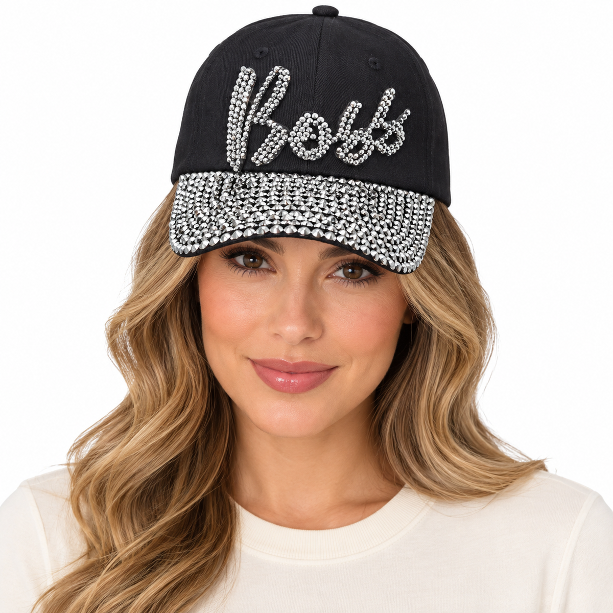 Model wearing Denim Baseball Cap: CA005 "Boss" Baseball Cap In Black Denim