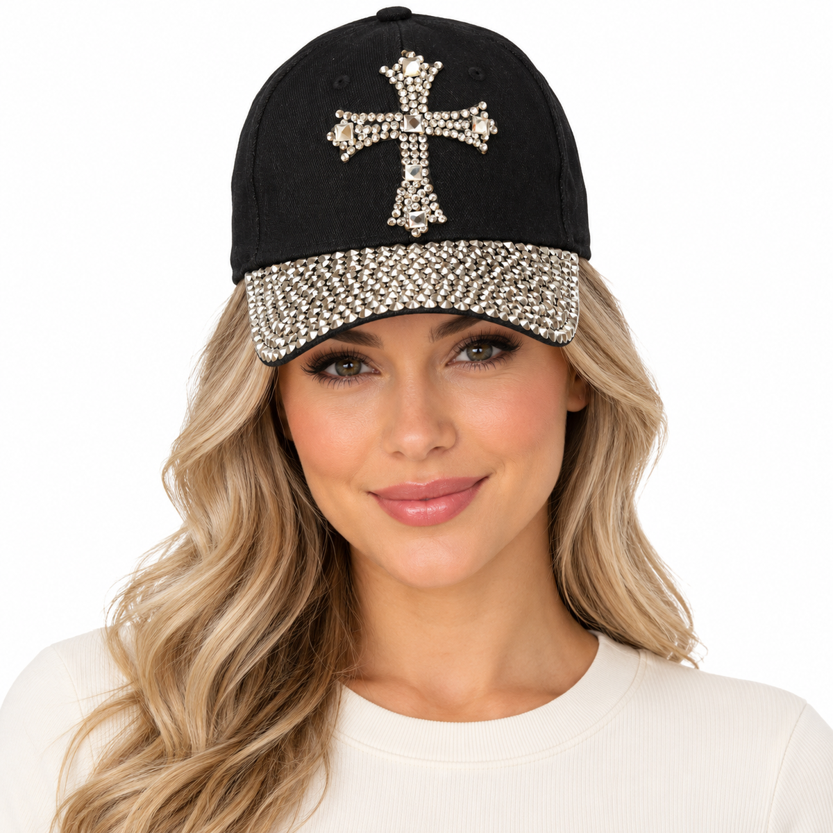 Model wearing Denim Baseball Cap: CA008 "Cross" Baseball Cap In Black Denim