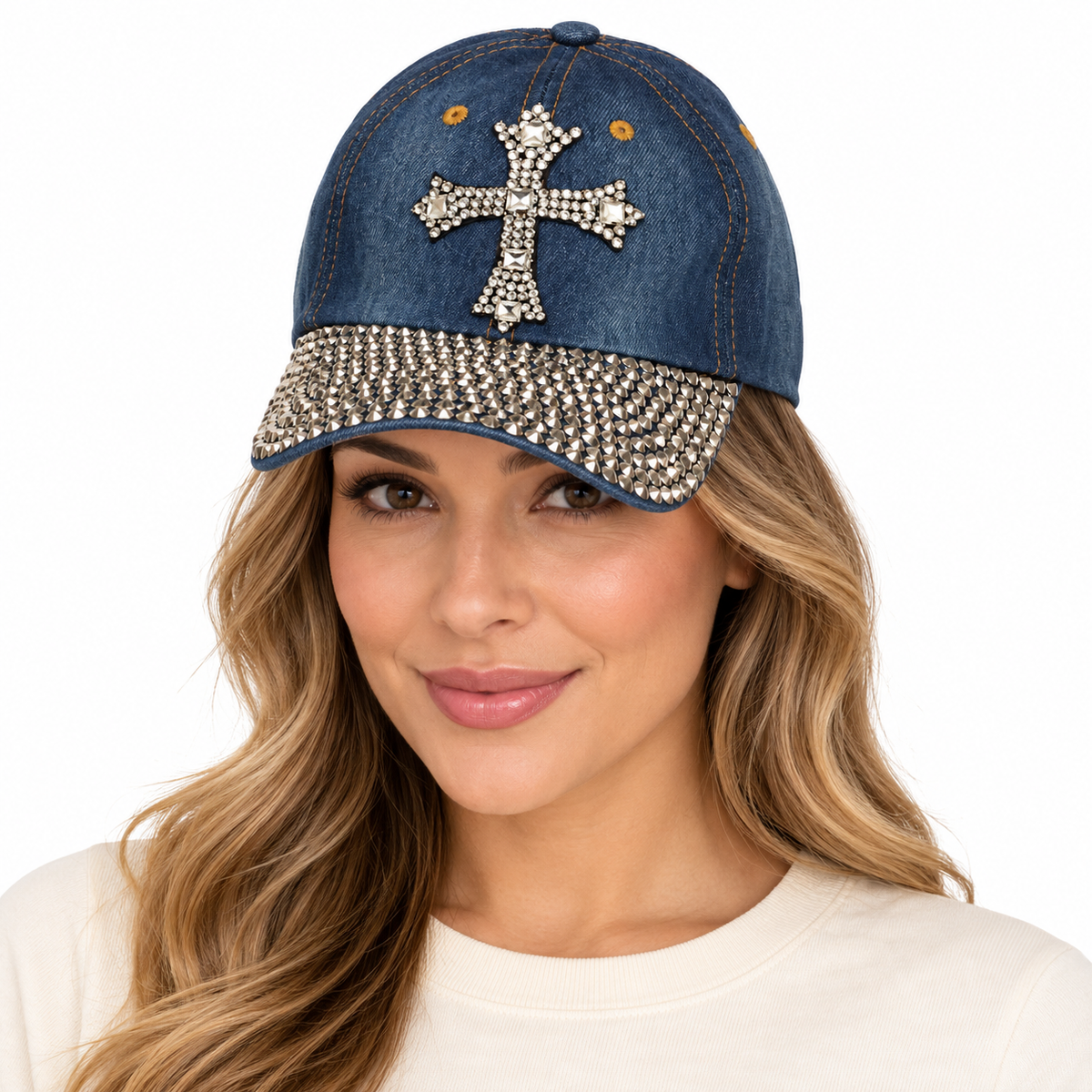Model wearing Denim Baseball Cap: CA008 "Cross" Baseball Cap In Denim