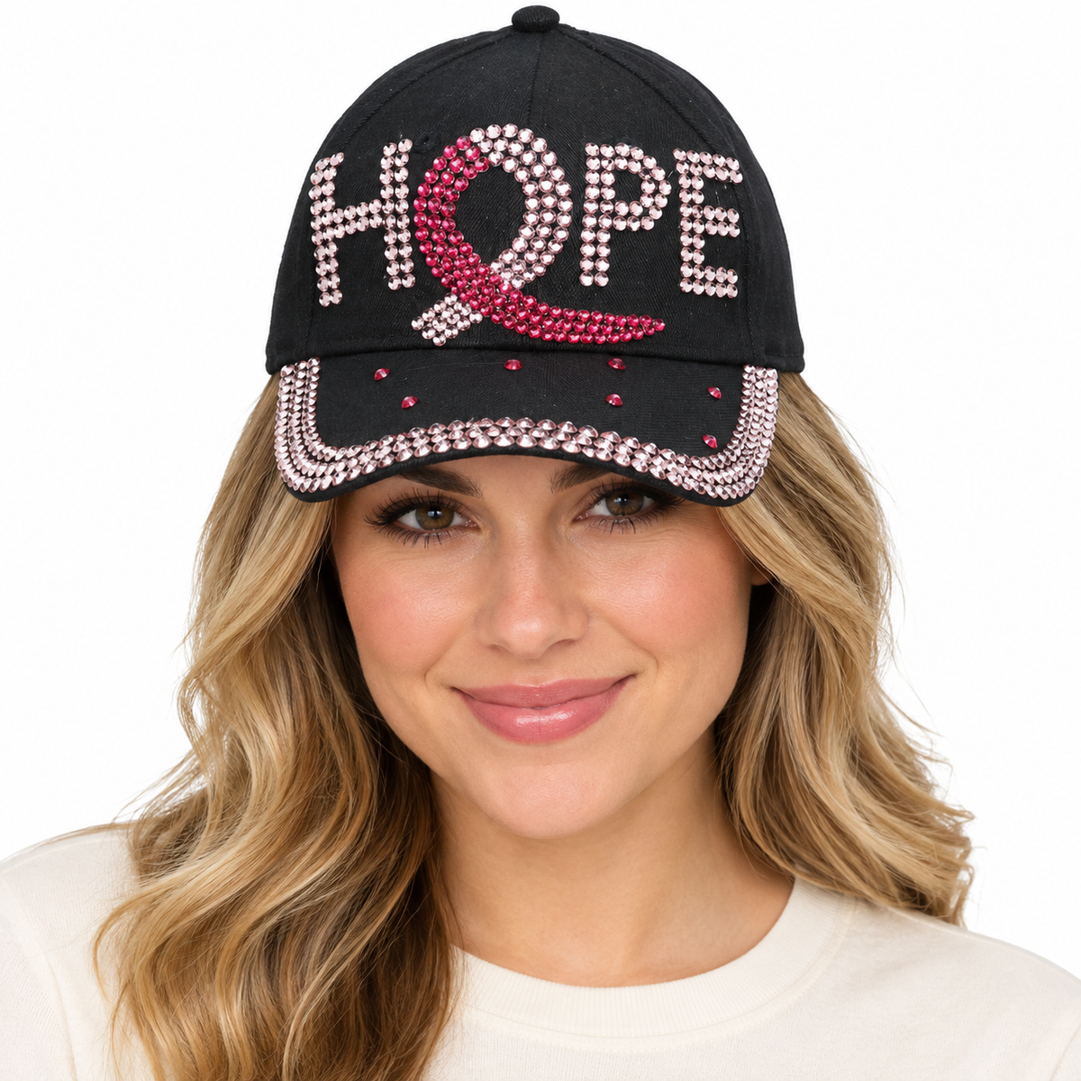Model wearing Denim Baseball Cap: CA012 "Hope" Breast Cancer Awareness Baseball Cap In Black Denim