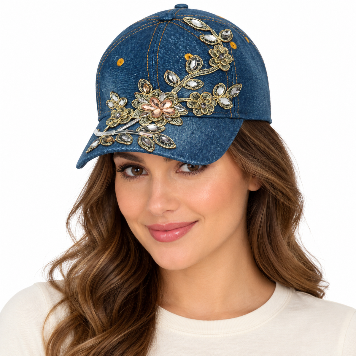 Model wearing Denim Baseball Cap: CA012 "Hope" Breast Cancer Awareness Baseball Cap In Denim (Copy)