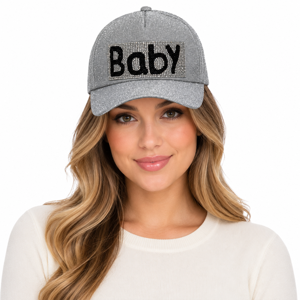 Model wearing Baseball Cap: CA010 "Baby" in Silver