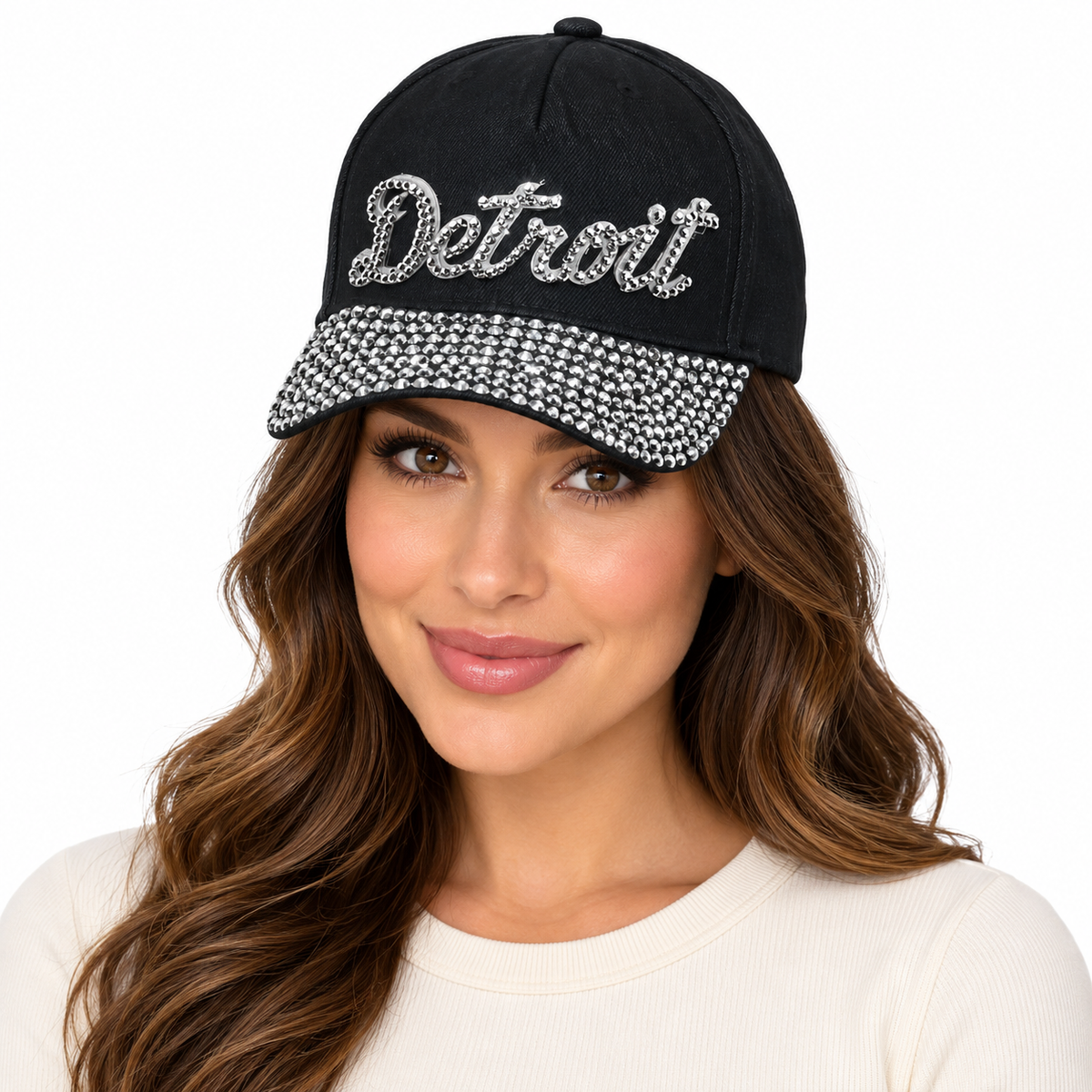 Model wearing Denim Baseball Cap: CA013 "Detroit" Baseball Cap In Black Denim
