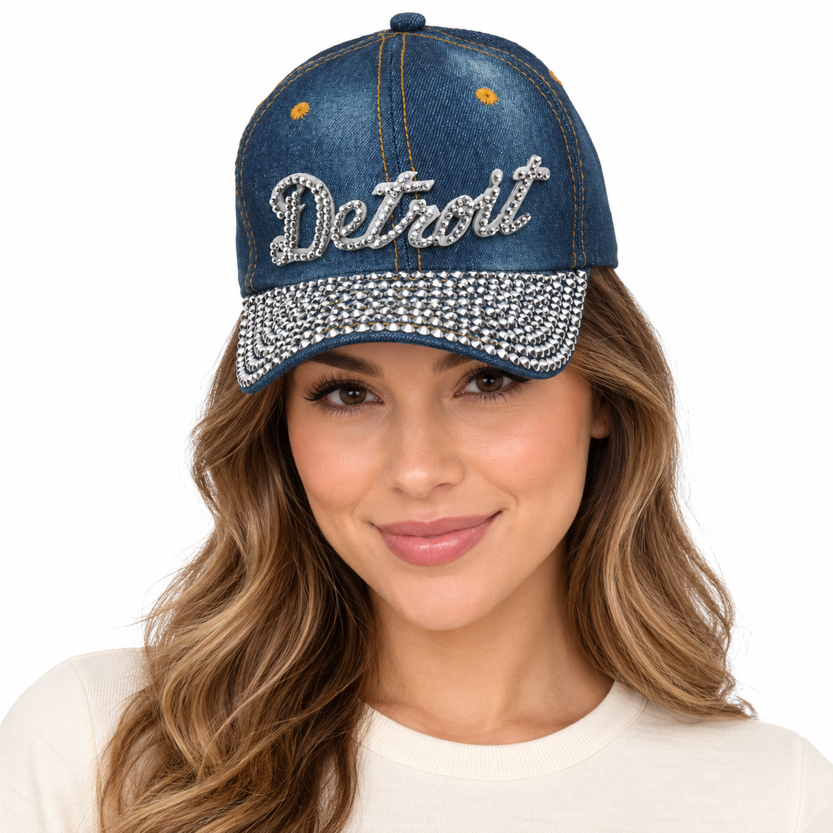 Model wearing Denim Baseball Cap: CA013 "Detroit" Baseball Cap In Denim