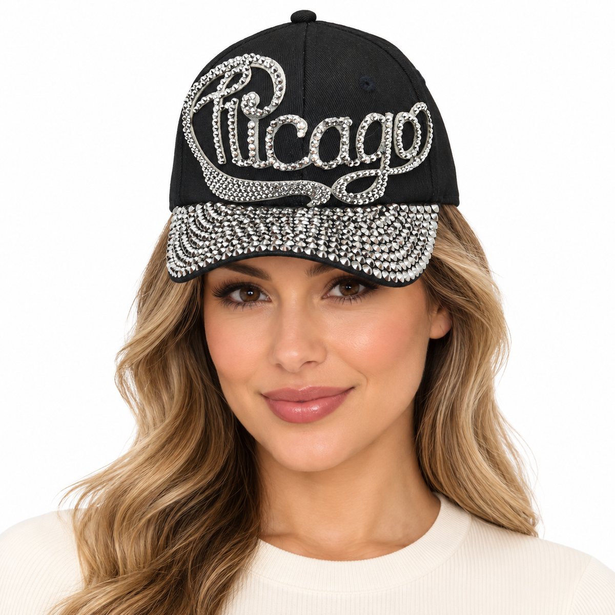 Model wearing Denim Baseball Cap: CA014 "Chicago" Baseball Cap In Black Denim