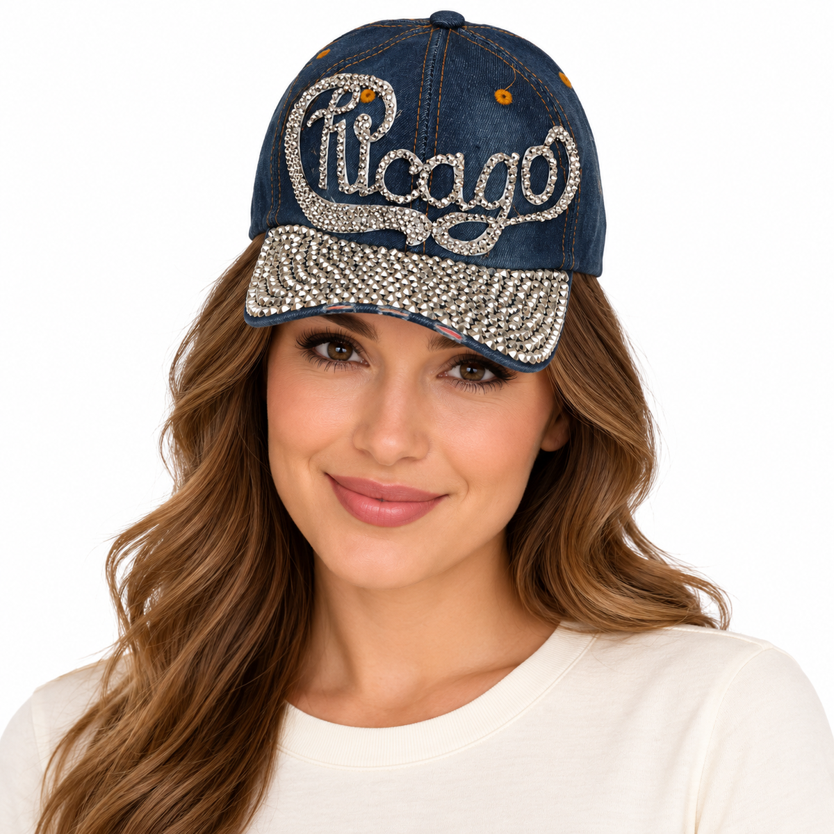 Model wearing Denim Baseball Cap: CA014 "Chicago" Baseball Cap In Denim