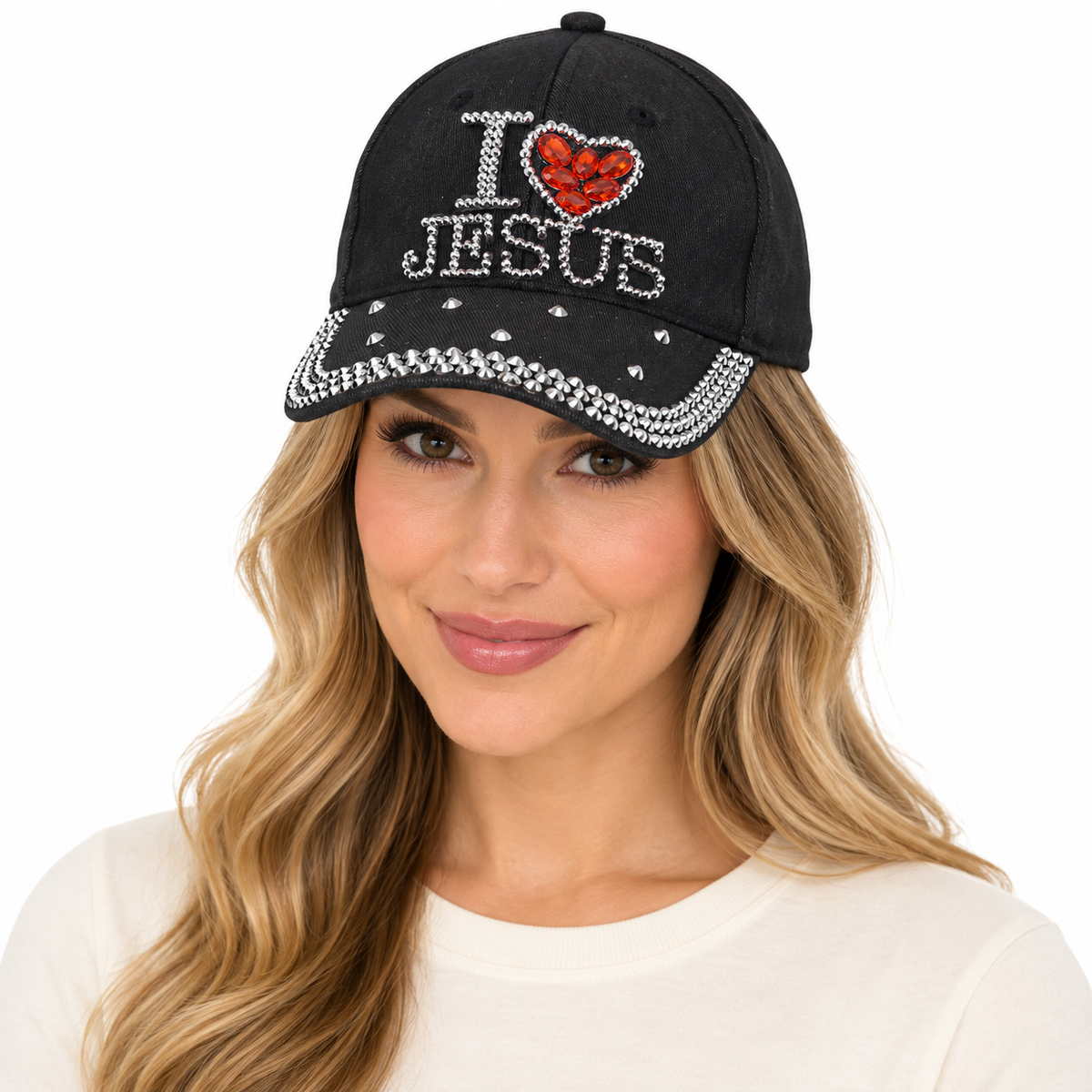 Model wearing Denim Baseball Cap: CA018 "I Love Jesus" Baseball Cap In Black Denim