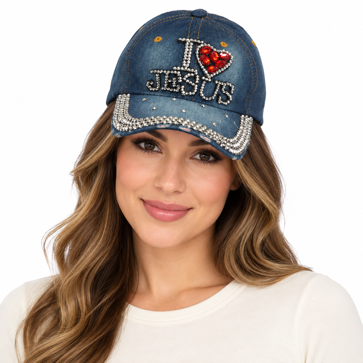 Model wearing Denim Baseball Cap: CA018 "I Love Jesus" Baseball Cap In Denim (Copy)