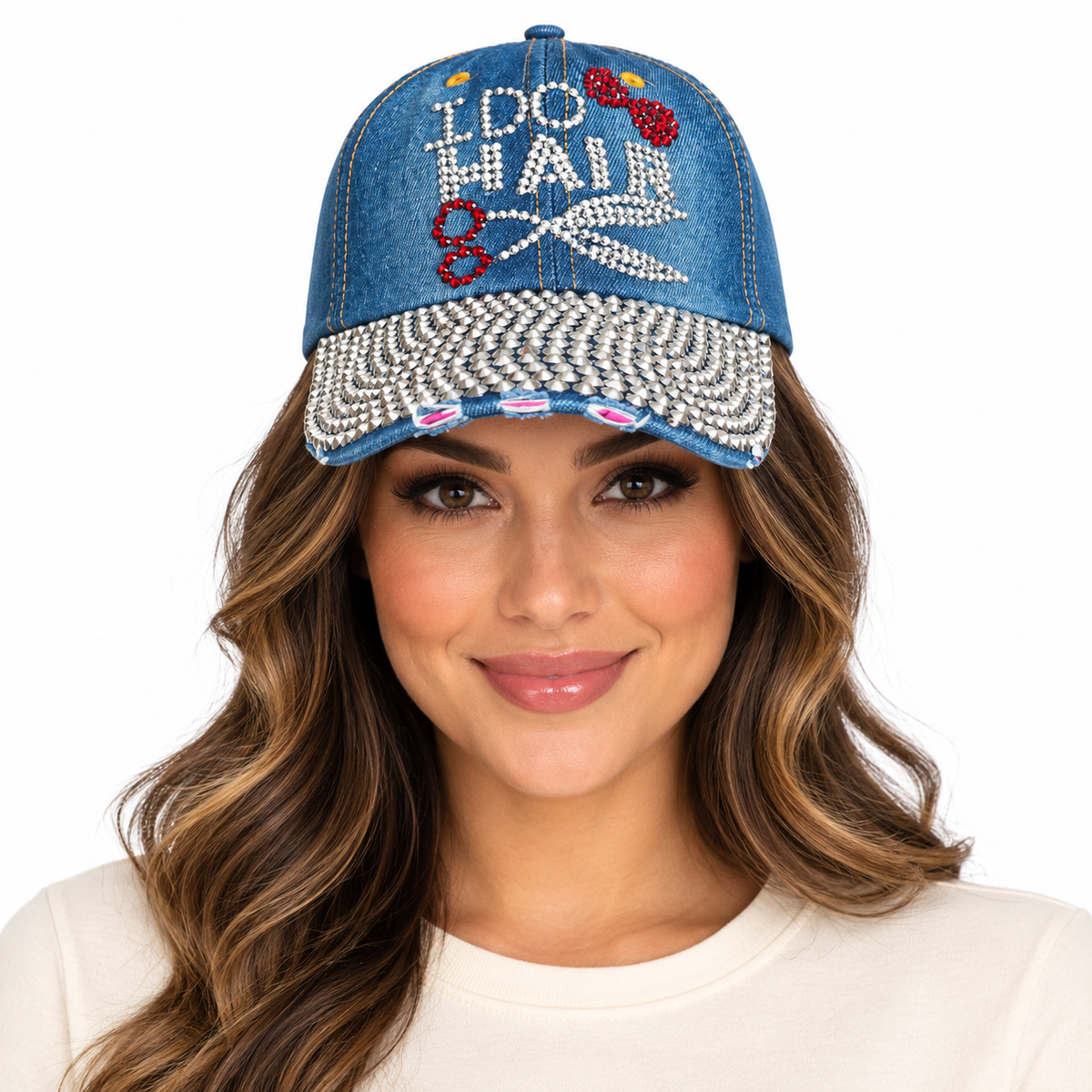 Model wearing Denim Baseball Cap: CA029 "I DO HAIR" Rhinestone Studded Hat in denim
