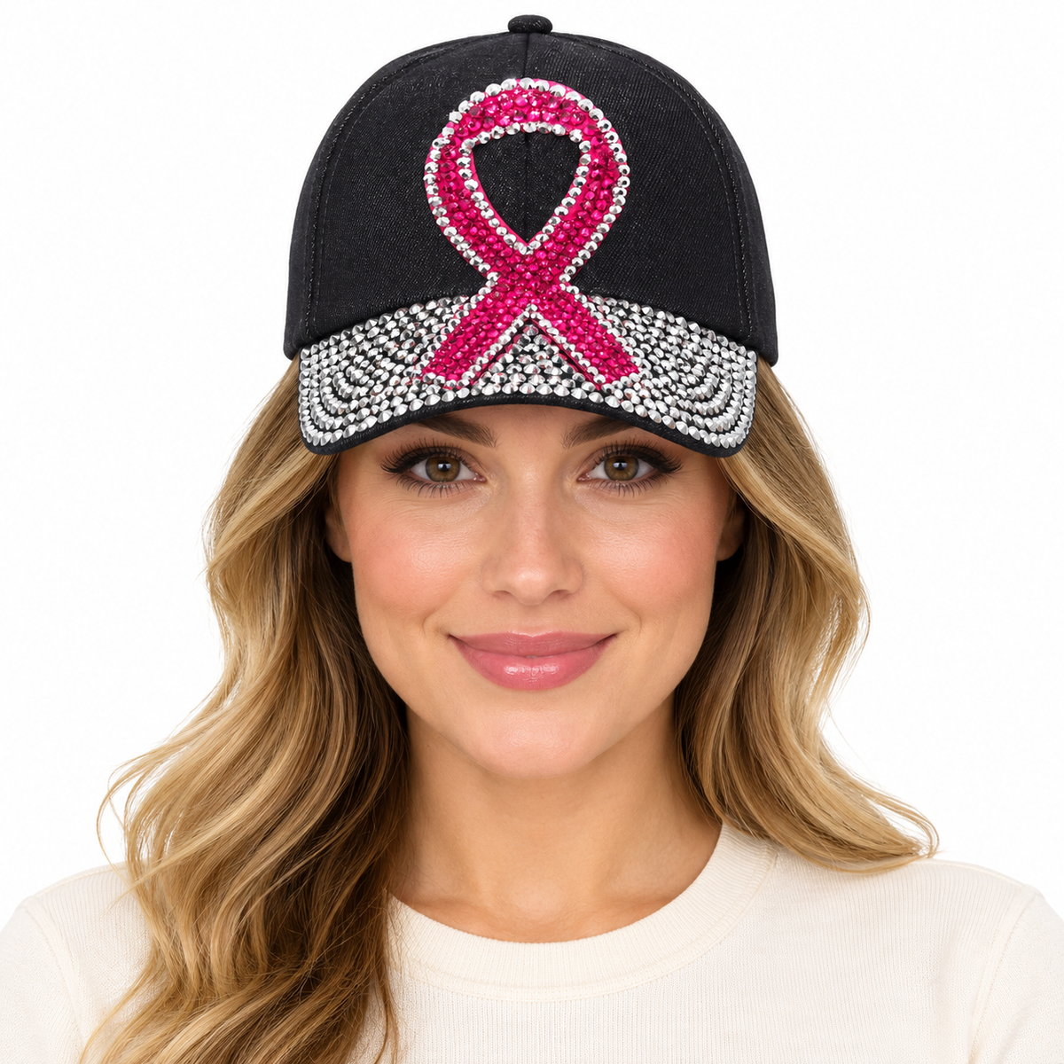 Model wearing Denim Baseball Cap: CA030 Breast Cancer Awareness Black Denim & Pink Stone