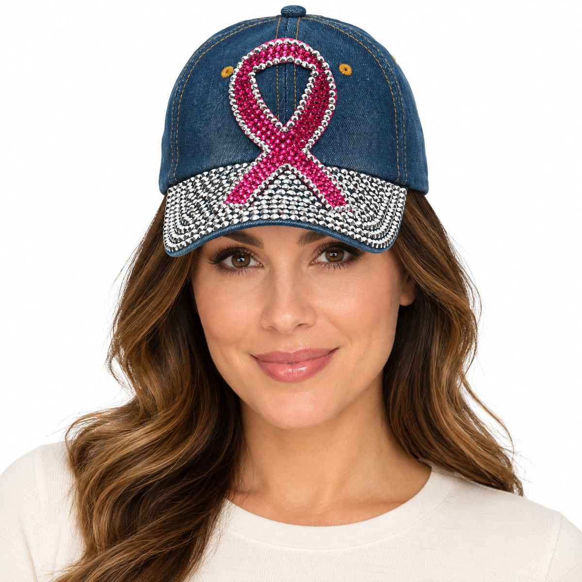 Model wearing Denim Baseball Cap: CA030 Breast Cancer Awareness Denim & Pink Stone