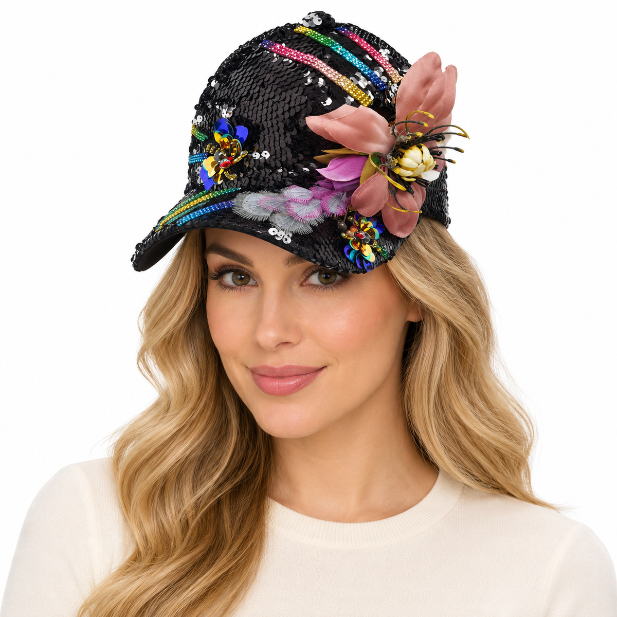 Model wearing Baseball Cap: CA043 "Flowers" Multi-color Flowers & Design on Black Sequin