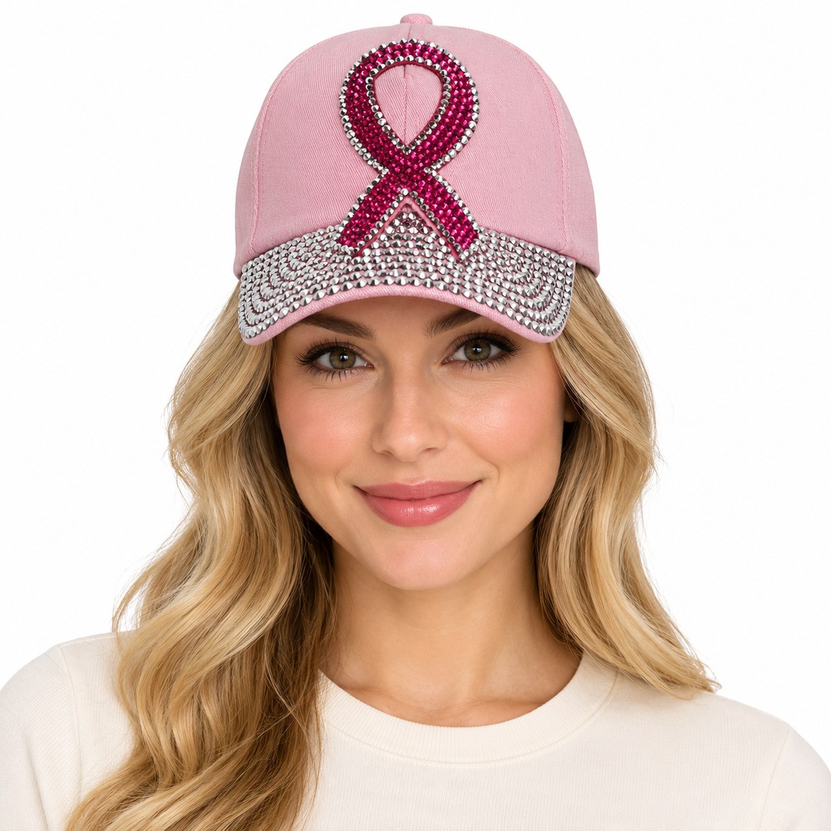 Model wearing Denim Baseball Cap: CA030 Breast Cancer Awareness Pink Denim & Pink Stone