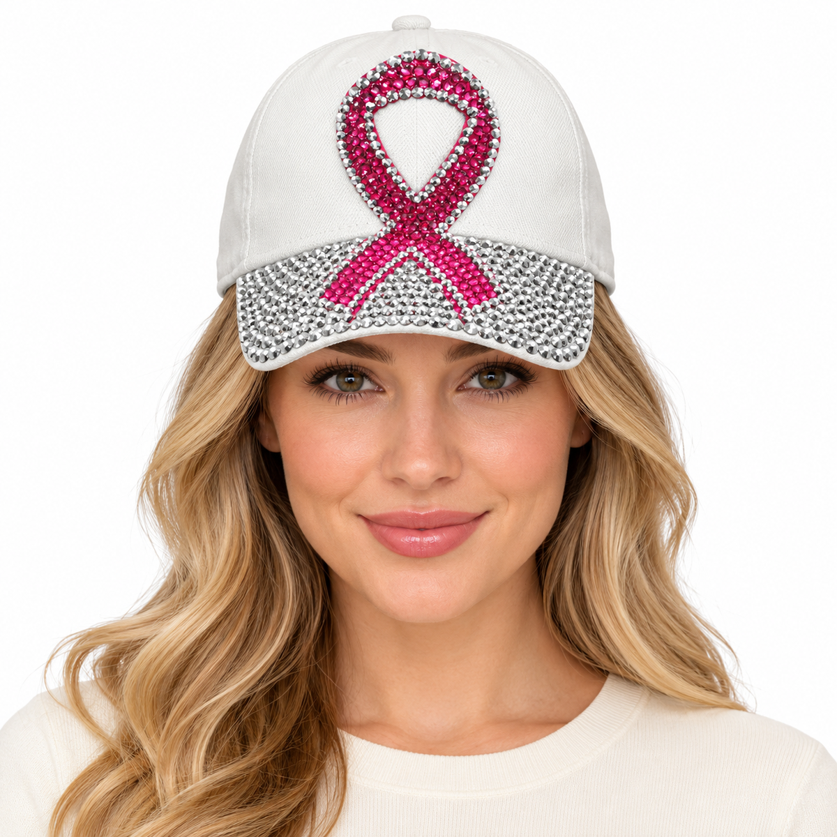 Model wearing Denim Baseball Cap: CA030 Breast Cancer Awareness White Denim & Pink Stone