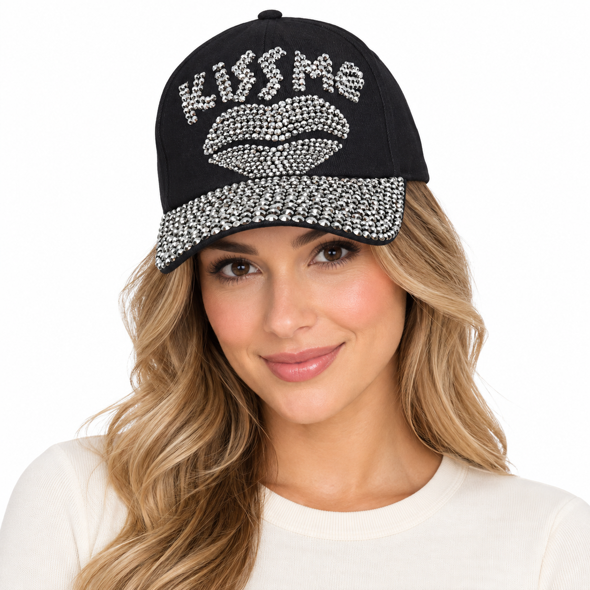 Model wearing Denim Baseball Cap: CA031 "Kiss Me" Black Denim Cap