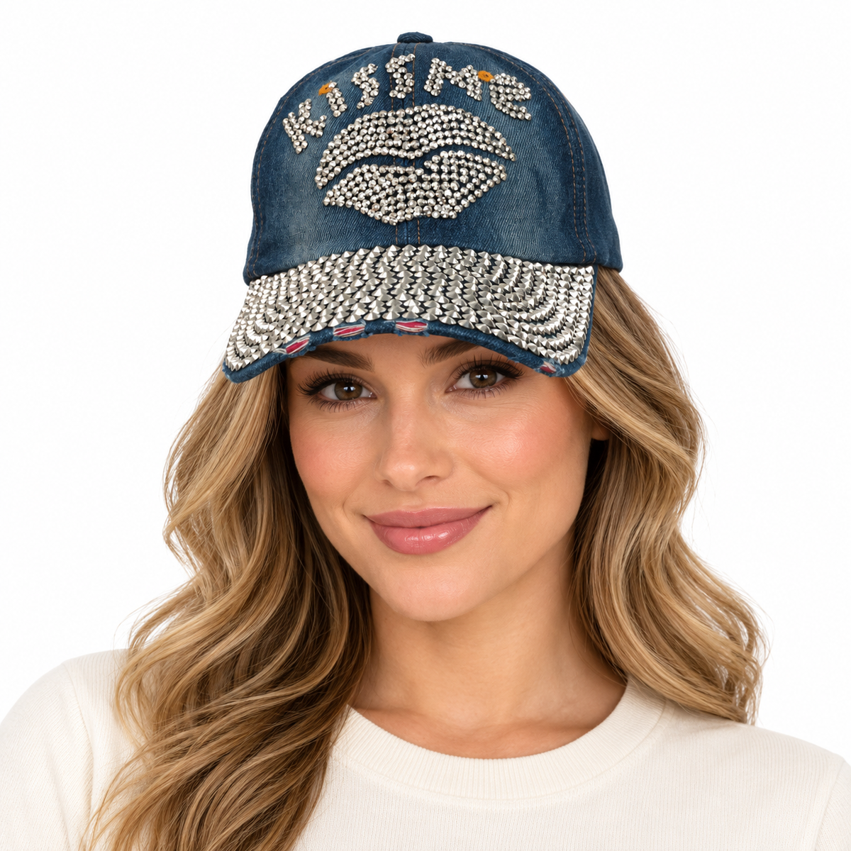 Model wearing Denim Baseball Cap: CA031 "Kiss Me" Denim Cap