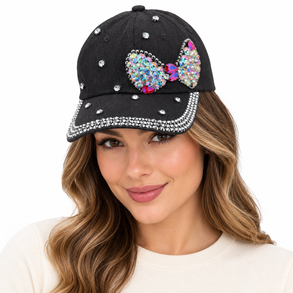 Model wearing Denim Baseball Cap: CA036 Black Baseball Cap w/ Black Rhinestone Bow