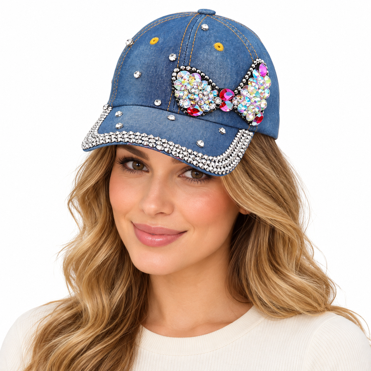 Model wearing Denim Baseball Cap: CA036 Denim Baseball Cap w/ Rhinestone Bow