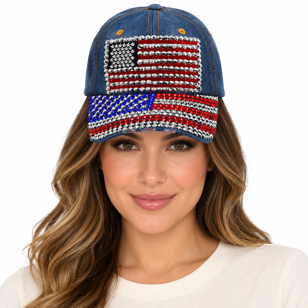 Model wearing Denim Baseball Cap: CA039 "American Flag" Rhinestone Studded Hat