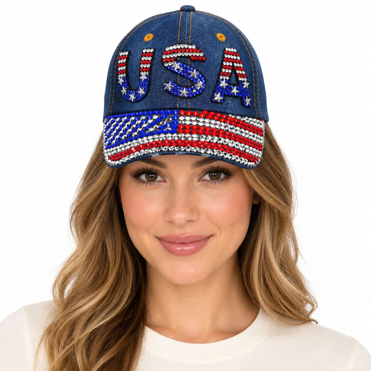 Model wearing Denim Baseball Cap: CA040 "USA" Rhinestone Studded Hat