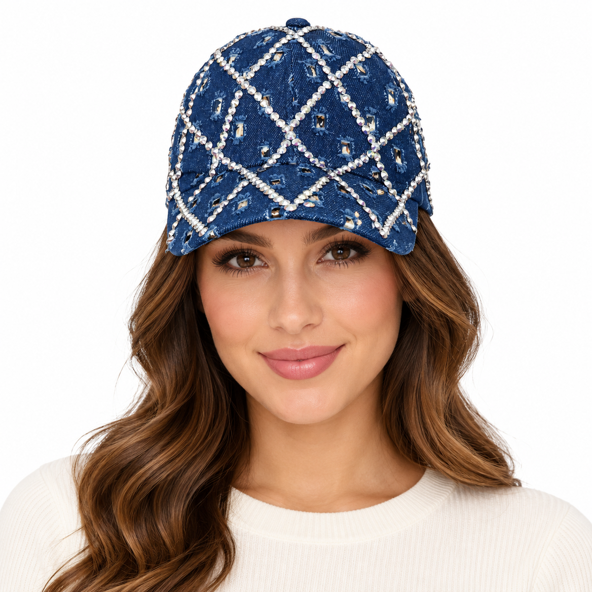 Model wearing Denim Baseball Cap: CA042 Dark Denim Rhinestone Baseball Cap