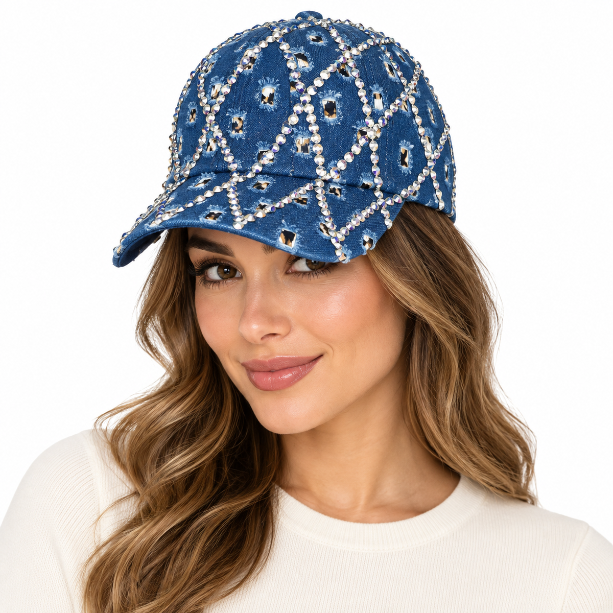 Model wearing Denim Baseball Cap: CA042 Denim Rhinestone Baseball Cap