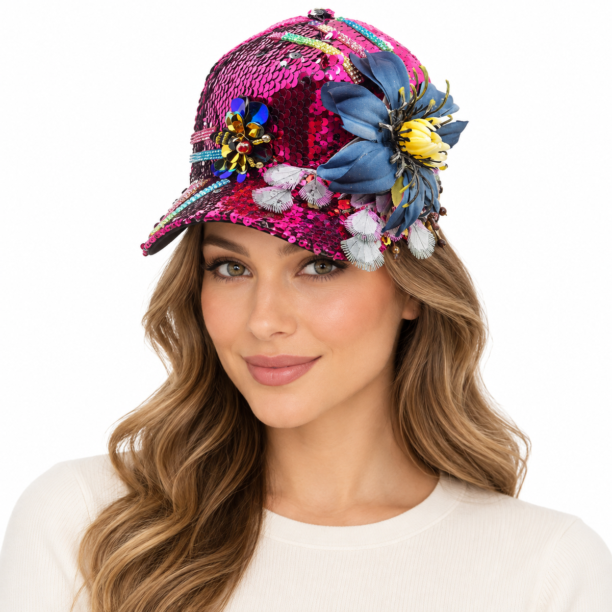 Model wearing Baseball Cap: CA043 "Flowers" Multi-color Flowers & Design on Fuchsia Sequin