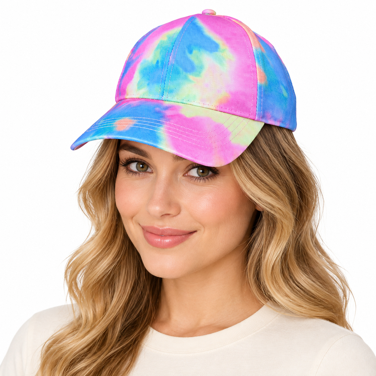 Model wearing Denim Baseball Cap: CA050 Tie-Dye Baseball Cap