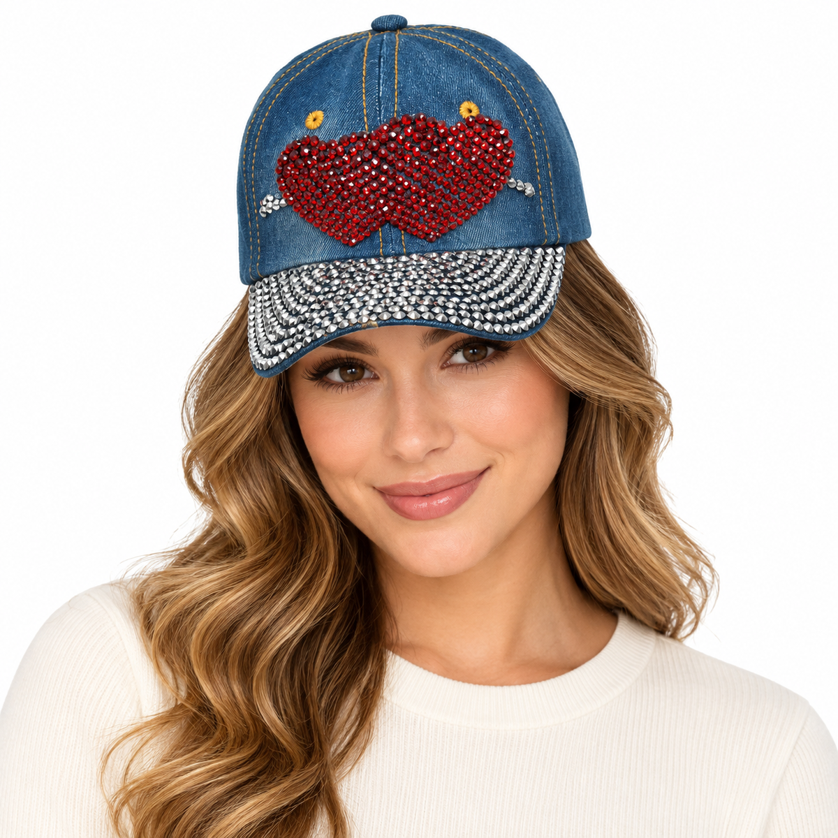 Model wearing Denim Baseball Cap: CA051 "Two Hearts" Red Rhinestones Baseball Cap